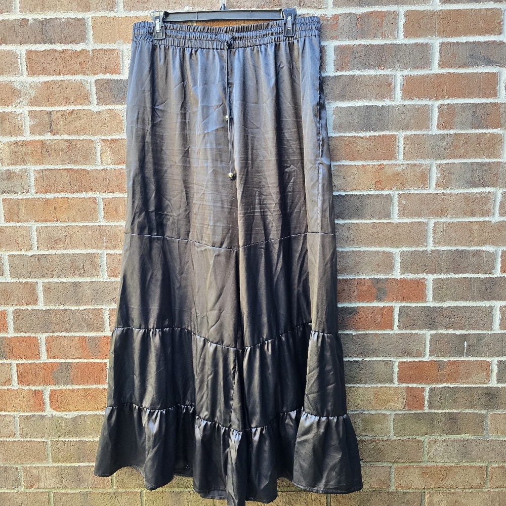 Spoon Jeans Black Silky Tiered Wide Leg Pants Women’s 2X Boho Festival